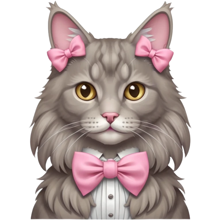 A grey Maine coon Neck Wearing a pink Rococo style Bow tie  ribbon emoji