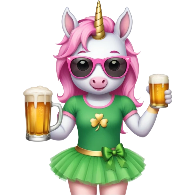 friendly anthropomorphised female unicorn with horse-like face, in tutu and pink t-shirt, wearing dark sunglasses, celebrating St. Patrick's Day emoji