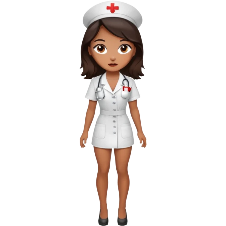 A sexy girl. with caramel skin. Dark brown hair and brown eyes. She has freckles. Wearing sexy makeup. Dressed as a sexy nurse. Full body. Wearing lingerie  emoji
