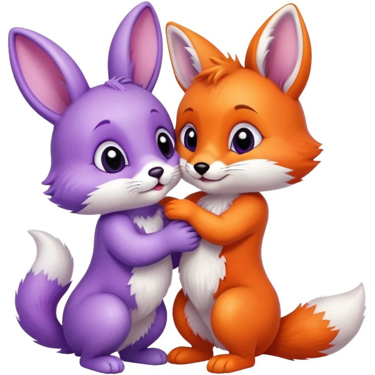 A purple bunny kissing an orange fox cub with a bushy tail emoji