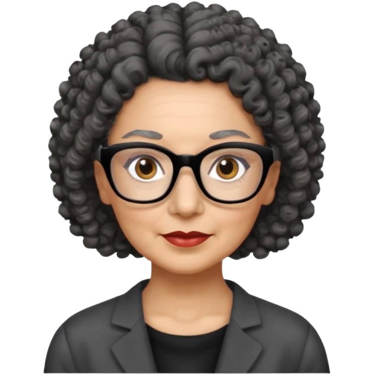 femme 60 ans cheveux gris foncé très bouclé attaché et yeux marrons foncé,  lunettes rectangle noir emoji