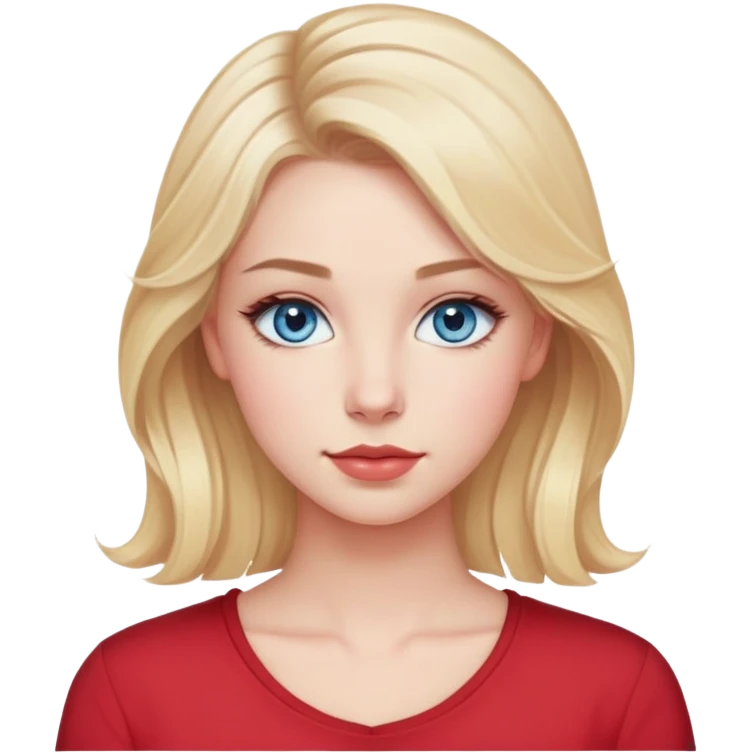 Make an emoji with a young blue-eyed blonde 20 years old. Hair slot on the right. Blue eyes. Breast size 2. Chubby lips. Long eyelashes. Hairstyle without bangs, loose slightly curly at the ends of the hair. Red shirt with neckline. Light makeup, but with blush emoji