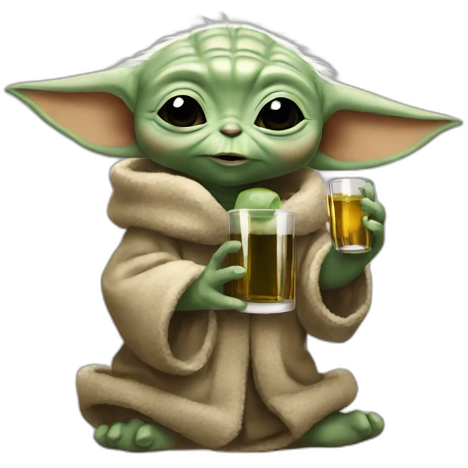 baby Yoda drinking a bottle of whiskey emoji