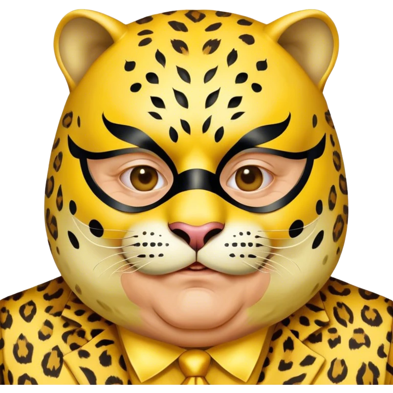 a fat old man, with a yellow suit,  wear half-face golden Leopard masquerade mask emoji