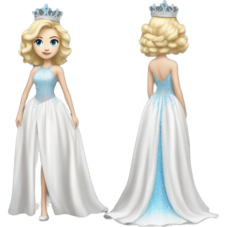White girl with blonde hair and blue eyes pageant silver only crown fully white pageant dress full body emoji