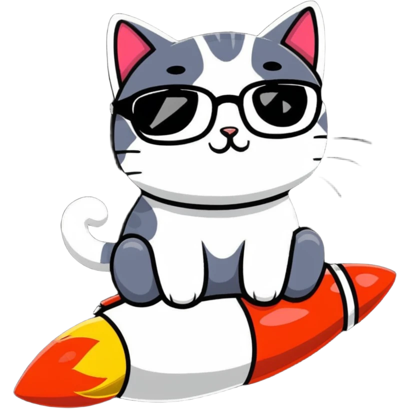 cat wearing glasses sitting on a rocket emoji