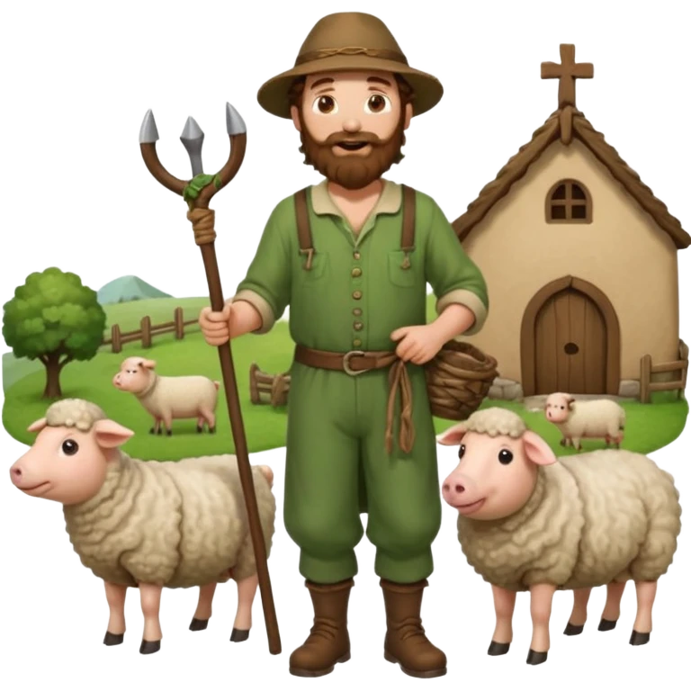 happy shepard with long curly brown beard and long curly brown hair, in green village outfit, with wooden shepard stick in hands, taking care of sheep and pigs emoji