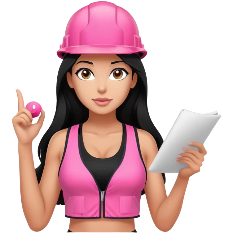pink construction hat, design draft in hand, long black hair tanned woman, black sports bra, pink vest, sexy, hot  emoji
