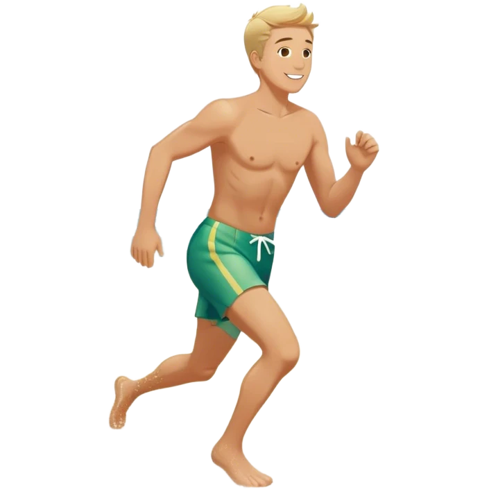 A white man running into the ocean, paisaje embracing the waves and the moment. The sun shines warmly, and the water sparkles, symbolizing the joy of creating fun and appreciating life’s simple moments. Their footprints in the sand fade as they fully immerse themselves in the present. emoji