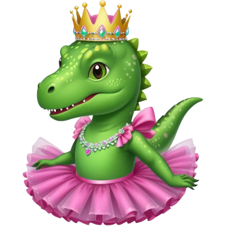 Trex wearing a tutu, tiara, and a pink glittery bow emoji