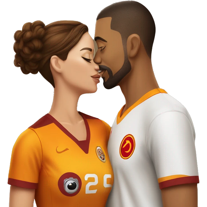 A brunette woman with a brown-haired man who has a goatee and shaved sides are kissing each other while wearing Galatasaray jerseys. emoji