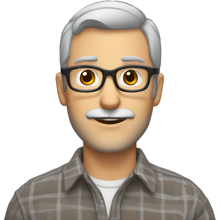 man grey hair brown eyes 3 days of beard and glasses wearing a checked shirt emoji