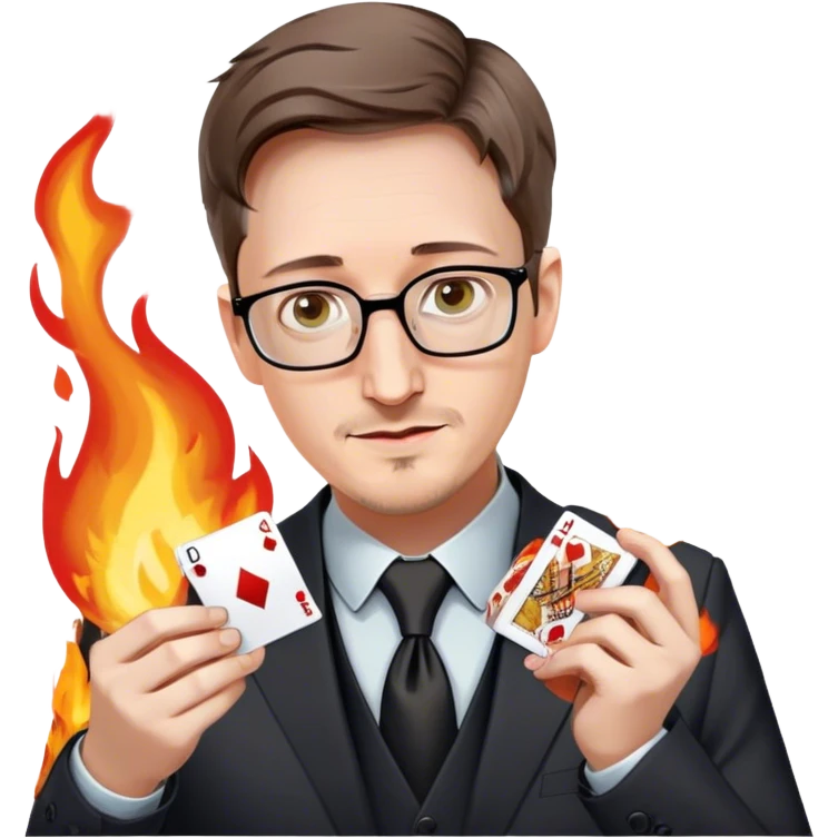 Edward Snowden ads magician revealing a deck of cards but there are no cards just a gaming controller surrounded by flames emoji