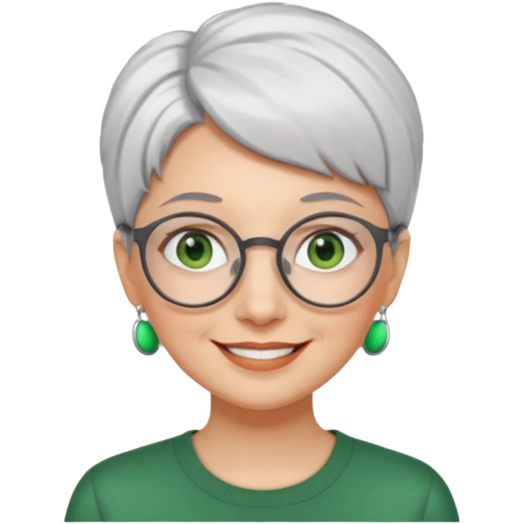 visage femme a lunettes ronde avec cheveux courts gris-blancs aux yeux verts qui souris emoji