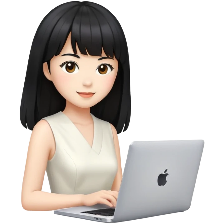 empresária japonesa de pele clara e cabelos pretos com franja e longos na altura das sombracelhas mexendo em um notebook portátil da Apple, esboçando um leve sorriso, vestindo um vestido elegante branco emoji