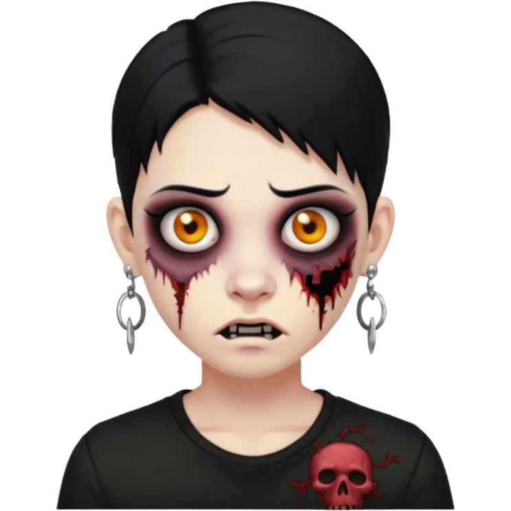 Jovem de cabelo pretos médio camisa preta olhos pretos usando brincos e um piercing no rosto versão zumbi emoji