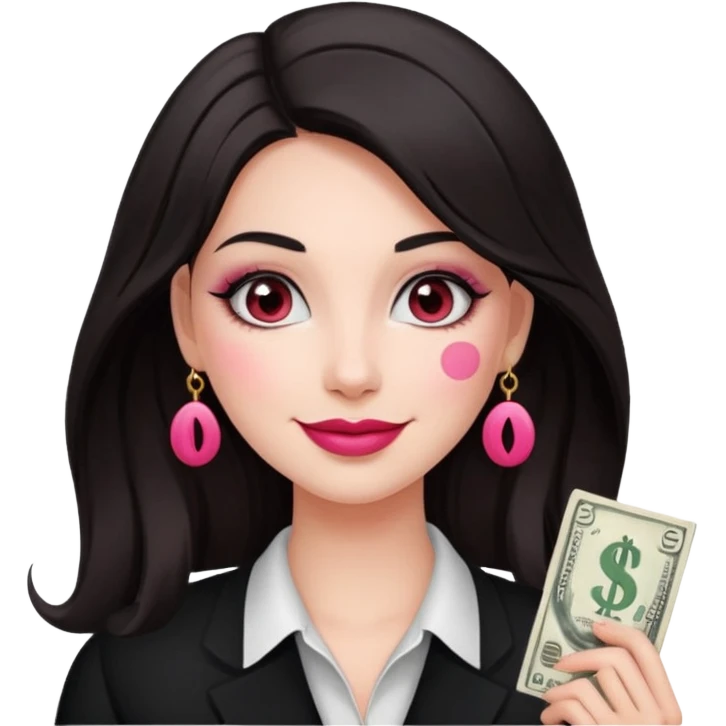 fair-skinned woman with dark hair, dollar sign ($) eyes, smiling, pink brush emoji