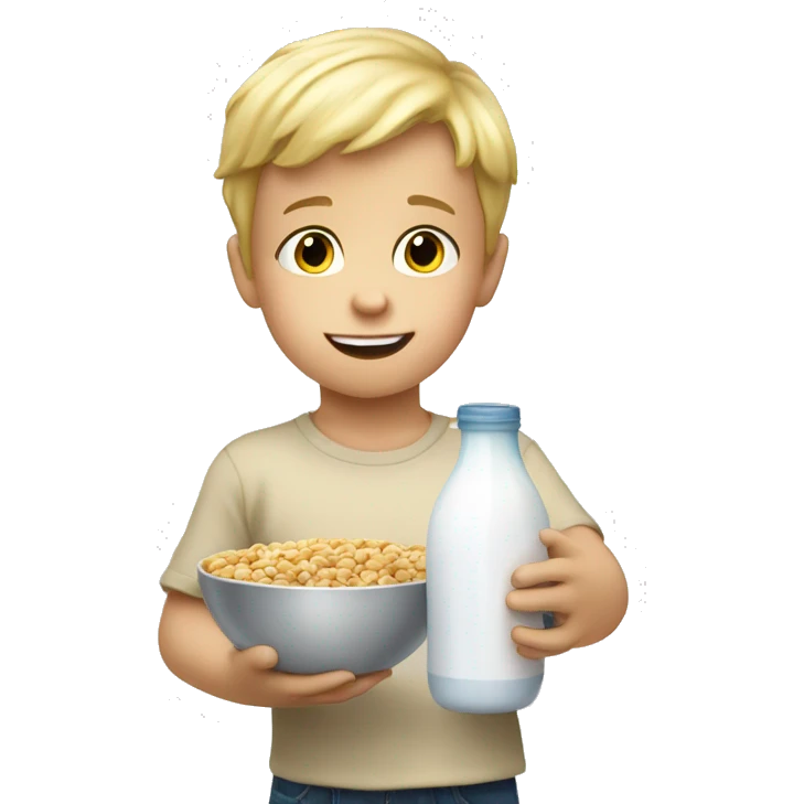 Little blonde boy holding a bowl of milk with cereal emoji