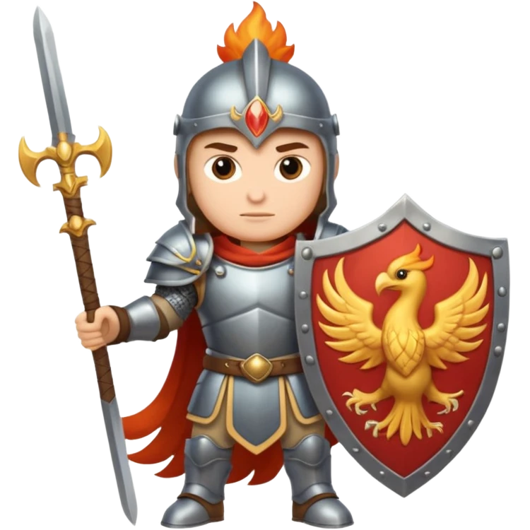 Warrior with a shield with a phoenix on it and a sword in heavy armor emoji