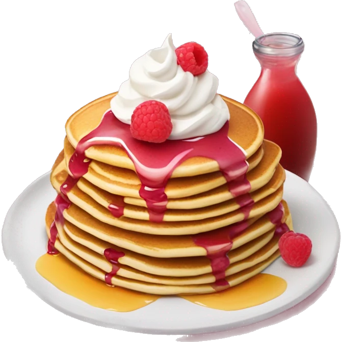 Pancakes with fruits whipped cream and pink raspberry sauce and syrup  emoji