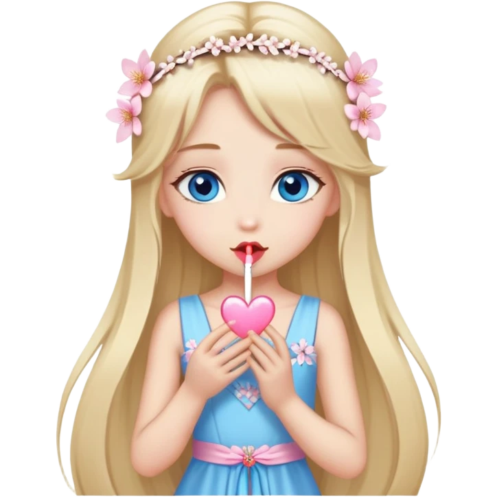 Girl with long blond hair and sakura accessories on her hair with a long tailed dress on the floor and have blue eyes beautiful finish and she sending lovely kisses  emoji