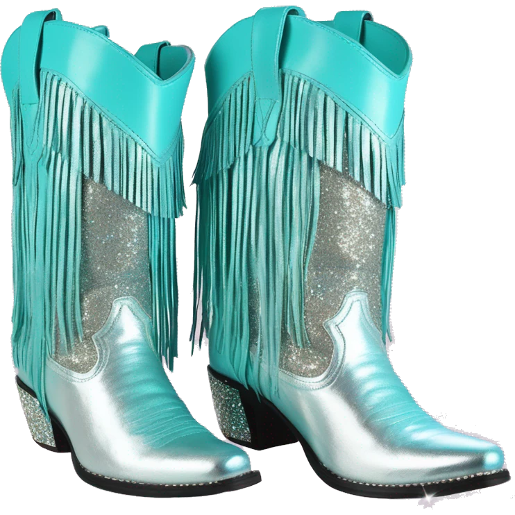 Realistic silver and pastel tiffany blue ombre pair of fashion cowgirl boots with sparkly shiny glitter fringe on them. emoji