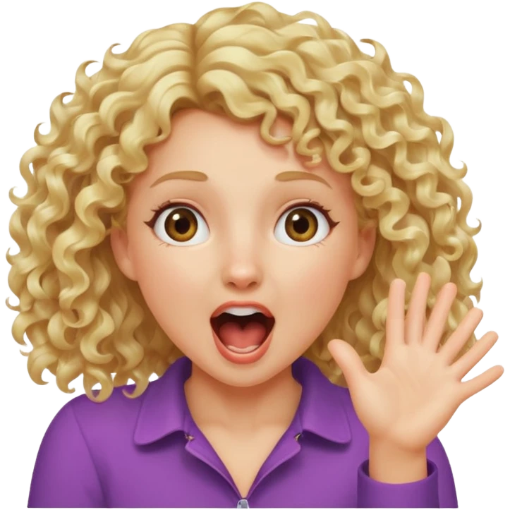 Emoji di ragazza bionda riccia che urla felice e mette una mano ben aperta in faccia davanti gli occhi emoji