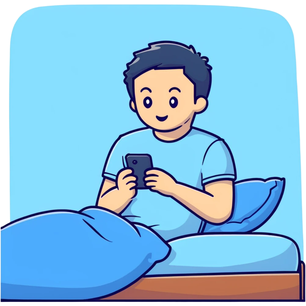 boy in a blue bed, on his phone, wearing a light blue t-shirt emoji