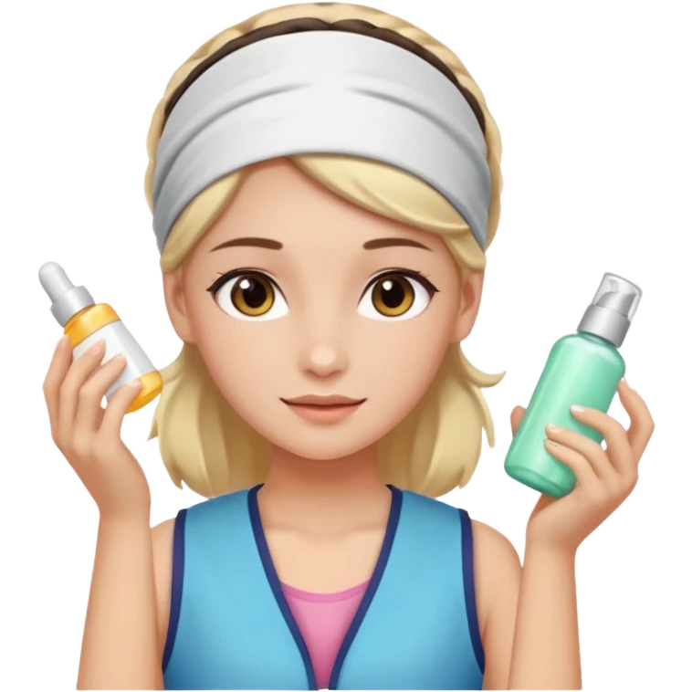 Clean girl aesthetic emoticons, apply skincare products, headband, glowing skin, vest, soft lighting
 emoji