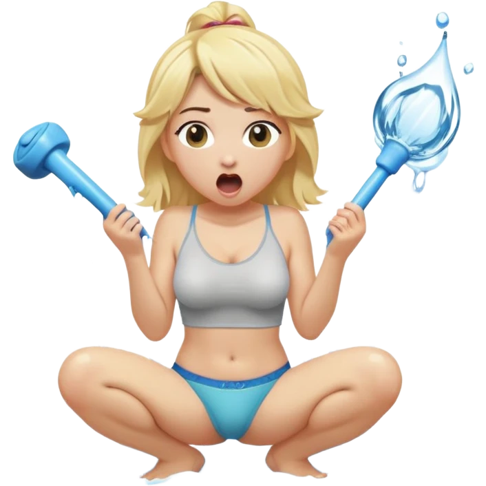 blond woman kneeling wearing underwear with surprised expression, a wide cartoonish stick with a D-shaped knob with playful exaggerated features coming out of a pair of pants hanging in front of her face, water stream squirting from the flat side of the knob into her open mouth emoji