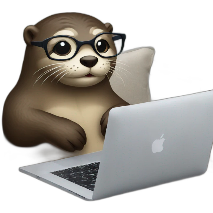 female otter with glasses use a macbook while seated against a pillow emoji