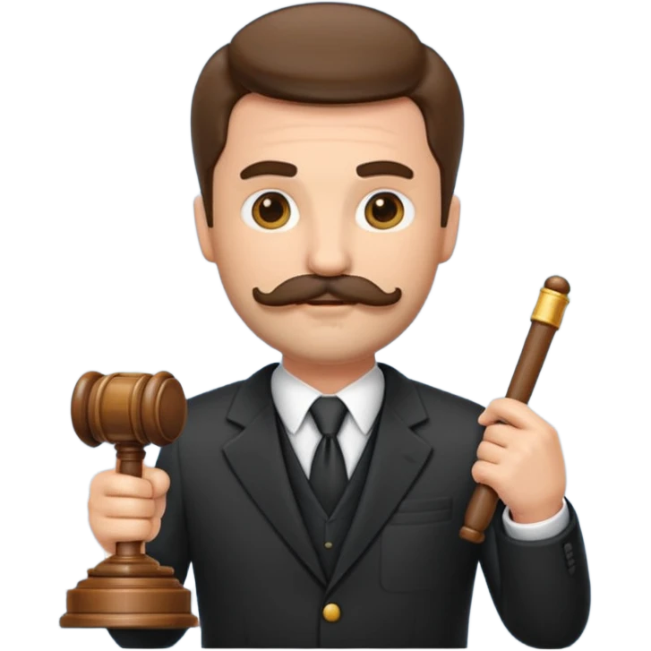 “Create a clean, modern emoji-style illustration of a male lawyer. He is wearing a formal suit jacket. He is holding a judge’s gavel in one hand and has a law book tucked under his arm. He has a mustache and a short beard, and emoji