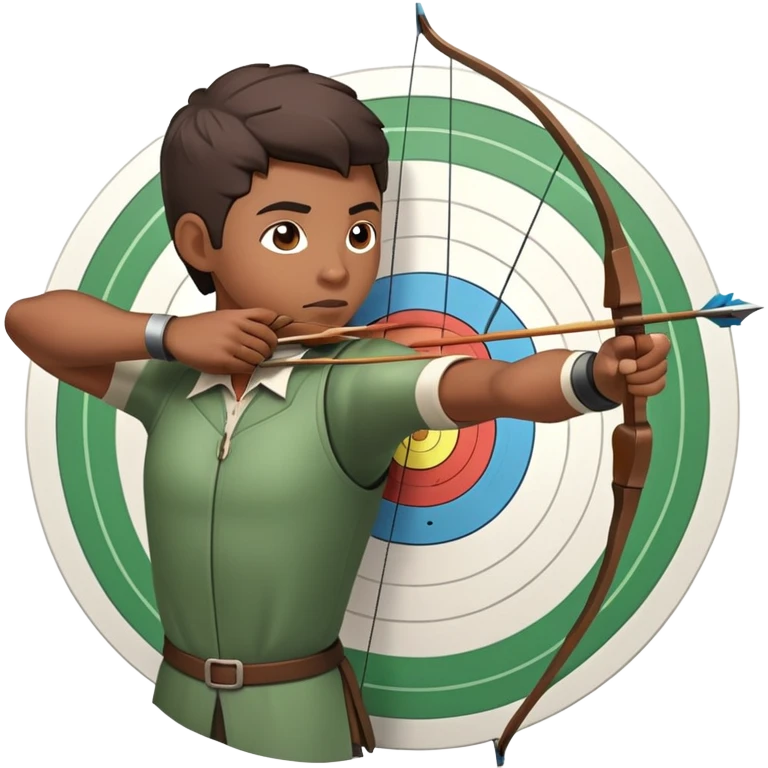 An archer drawing a bow and aiming an arrow at a target, with perfect focus and precision. The target is visible in the background, featuring concentric rings. The scene captures the concentration and skill involved in archery, emphasizing the elegance and accuracy of the sport. emoji