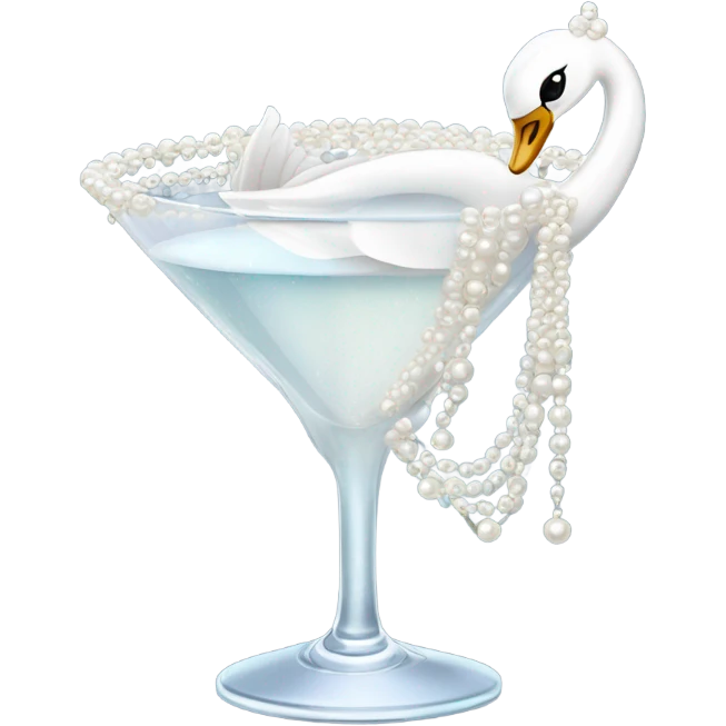 A martini with a swan and a bow and pearls draping from the glass emoji