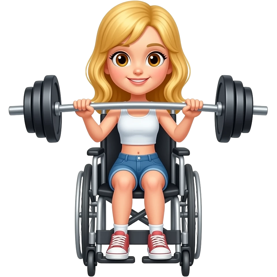 Criar uma moça loira cabelo, olhos castanhos, um peso de academia, na cadeira de rodas emoji