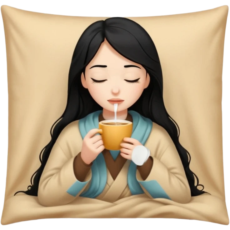black hair girl long hair inside a beige blanket sipping coffee eyes closed emoji