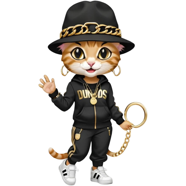 female cat dressed like Run DMC with tracksuit, fedora, Adidas shoes, lots of gold chains, rings, bracelets, earrings, laughing, looking up, no sunglasses emoji