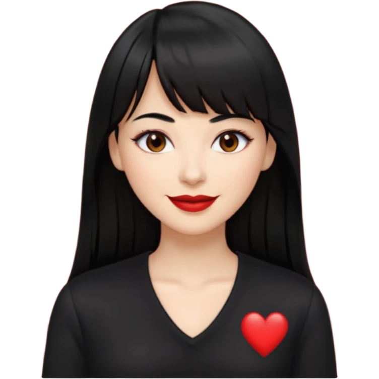 A white woman with Long straight hair with bangs, black hair, brown eyes and a black low-cut shirt smiling emoji