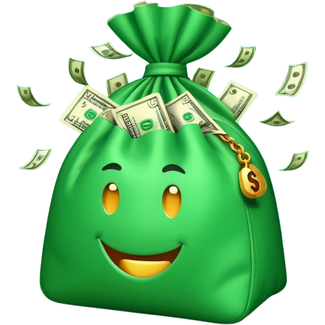 

3D emoji style, big bag of money, flying dollar bills, rich casino vibe, smooth lighting, high detail, clean edges, transparent background



 emoji
