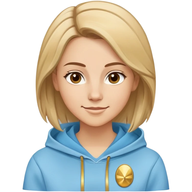 Caucasian female with oval face, straight brown-blonde mixed hair (more brown) with side part, serene smile, light blue sporty hoodie with gold and white fantasy details emoji