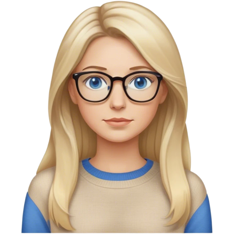 Adult White women, long blonde balayage hair, no smile, beige sweater, blue eyes and glasses  emoji