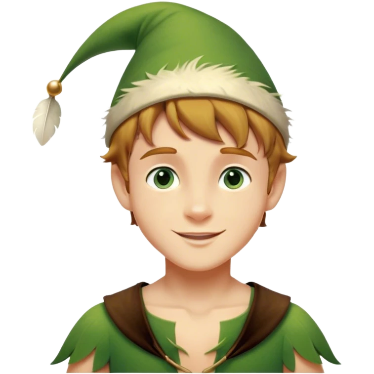 Cinematic Realistic Peter Pan Portrait, depicted with lifelike, youthful skin touched by a gentle sun-kissed glow. His bright, expressive eyes and confident smile evoke a timeless sense of wonder. Dressed in his iconic green tunic and feathered cap, every detail is rendered with soft, natural lighting that highlights his blend of innocence and courageous spirit. emoji
