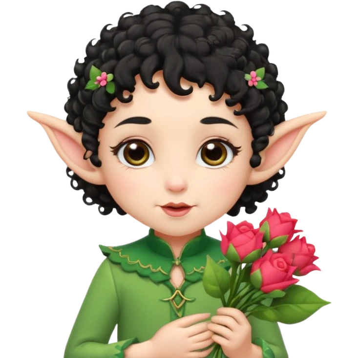 Tiny elf baby black curly hair with pointy ears, hold flowers emoji