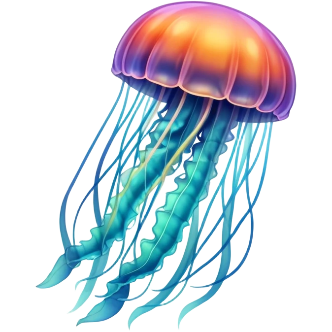 A jellyfish in multicolored hues drifts through the sea, glowing like a living rainbow emoji