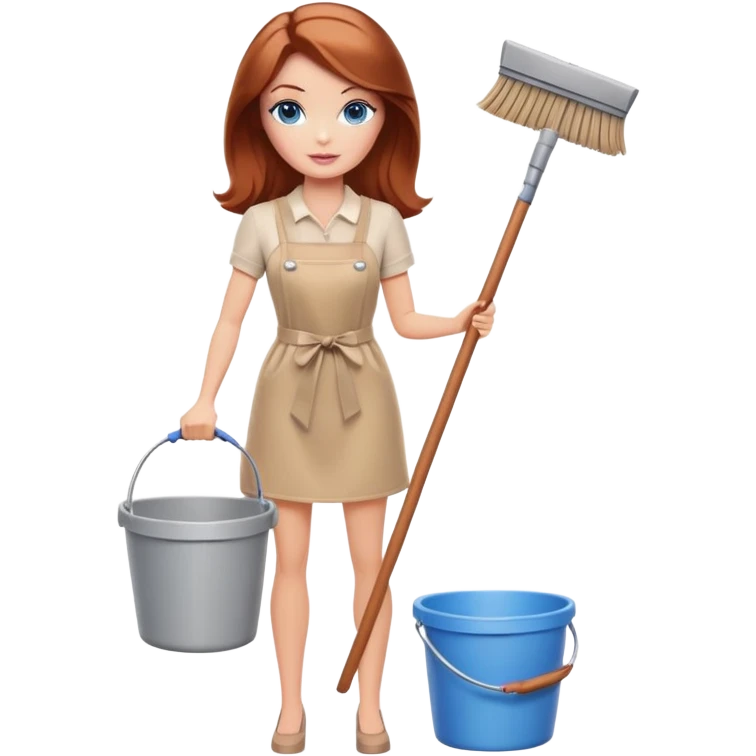 A Barbie girl with blue eyes, shoulder-length reddish-brown hair, made-up, and beige clothes stands with a mop and bucket emoji