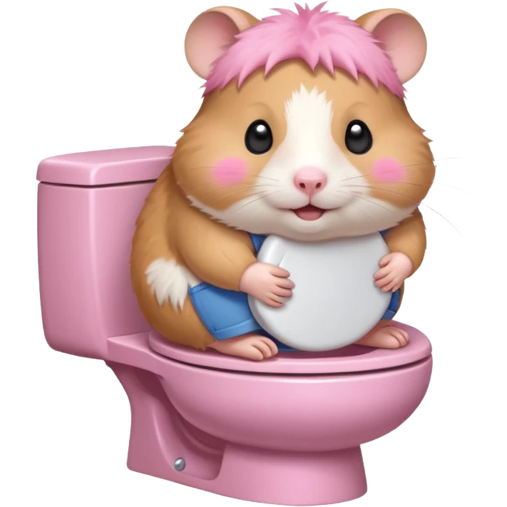Cute chubby cartoon-style hamster sitting on toilet, sticker-style illustration emoji