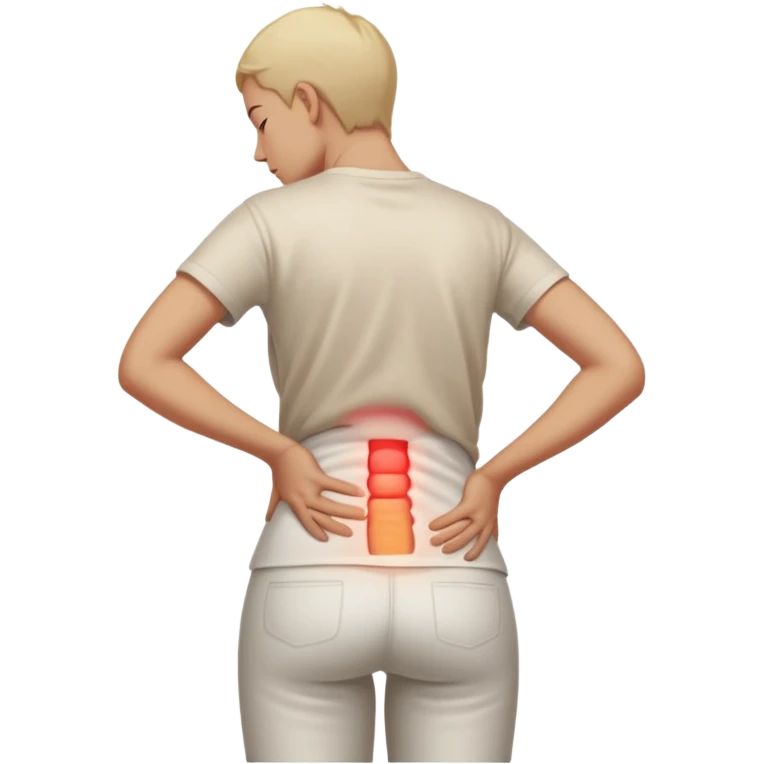 A realistic medical illustration of a person standing and holding their lower back in pain. A soft red glow highlights the lower back area to indicate soreness. The person has a natural expression of discomfort. Clean white background, even lighting, clinical style, full body view. emoji