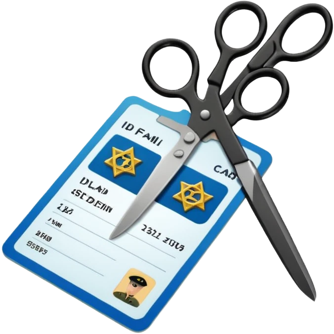 Floating black Scissors cutting in half an idf soldier ID card with a little chip in 2 parts emoji