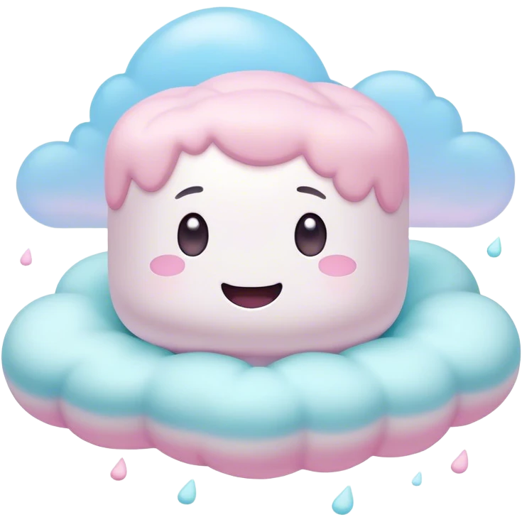Cinematic fluffy pastel marshmallow character, soft round edges, tiny sparkly eyes, a small happy smile, glowing warmly, floating in a dreamy soft sky. emoji