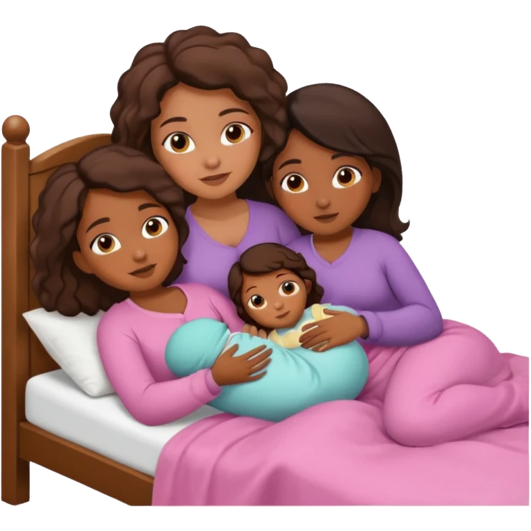 Two brown girls cuddling in bed with a baby girl in the middle emoji